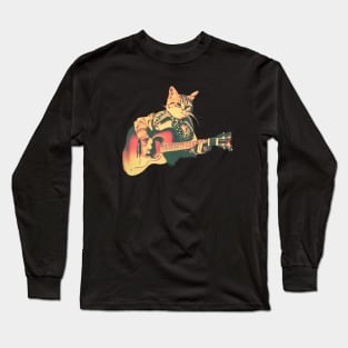 Cat playing guitar, music cat vintage style Long Sleeve T-Shirt